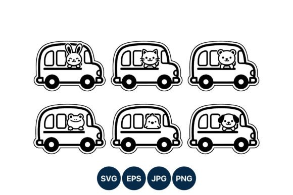 Animals in Cartoon Cars Line Art