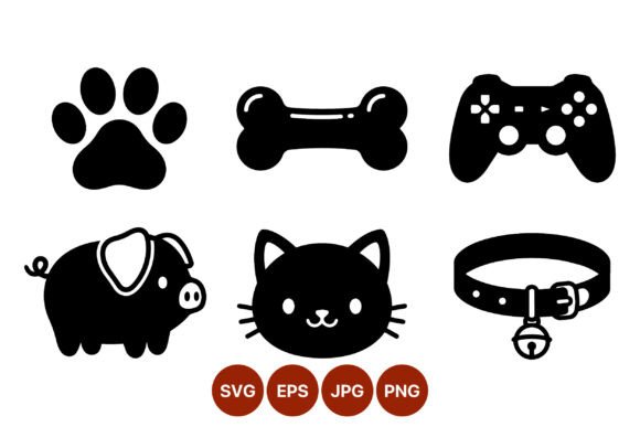 Black Silhouette Paw Bone Cat Pig Icons