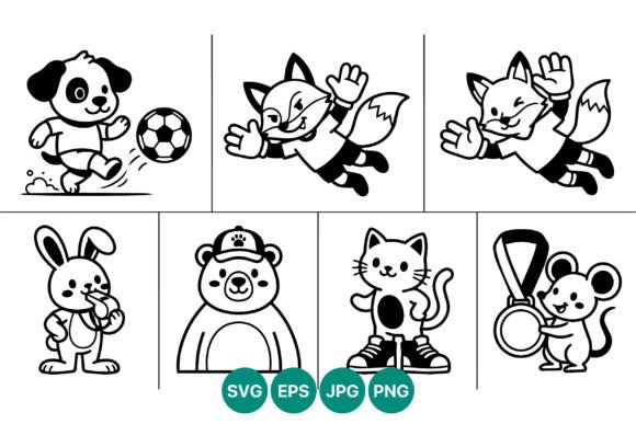 Cartoon Black White Animals Playing