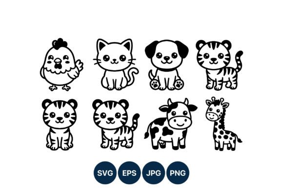Cute Baby Animals Line Art Vector Set