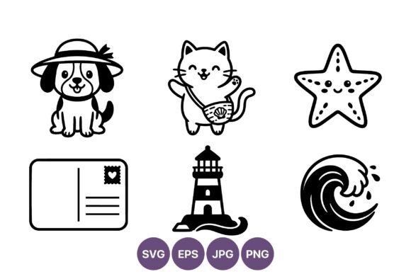 Cute Black and White Pet and Sea Icons