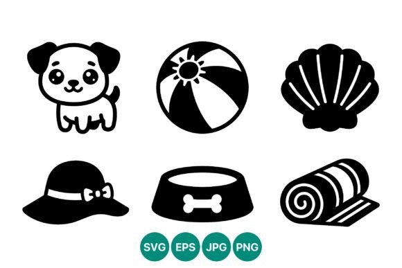 Cute Puppy and Beach Icons Set
