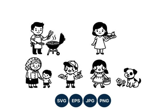 Family Cooking and Walking Vector