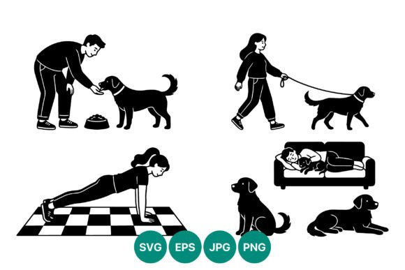 Man and Woman with Dogs Vector Art