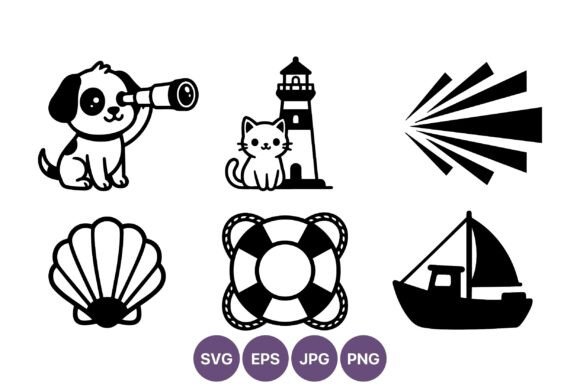 Nautical Animal and Boat Icons Set