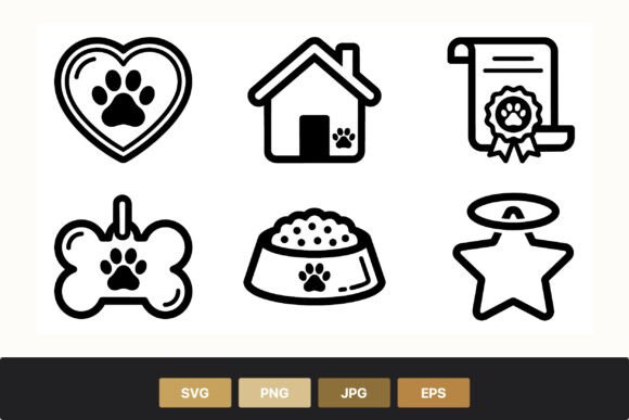 Pet Care Icons Paw Print Heart Bone Food