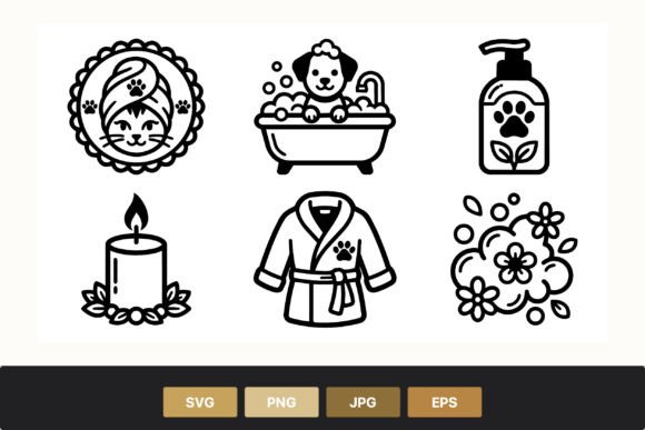 Pet Spa Black and White Icon Set