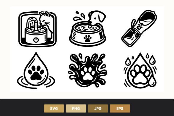Pet Water Bowl Icons Black White