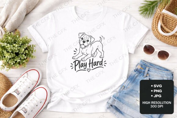Play Hard Bulldog Line Art TShirt Design