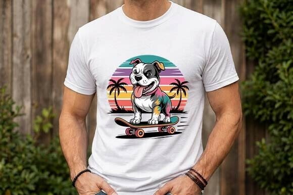 Retro Sunset Skateboarding Bulldog PNG